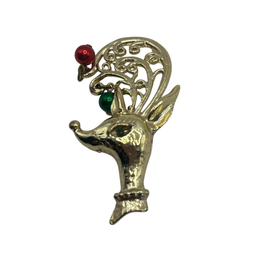 Vintage Gold Tone Reindeer Deer Brooch Christmas Red Green Ornaments Filigree